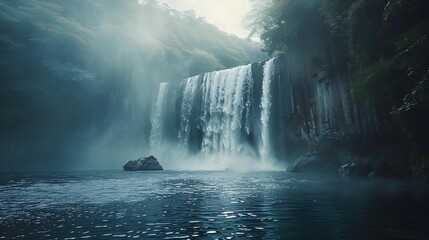 The mist at the waterfall and the lush green forest, the abundance of the forest, nature - obrazy, fototapety, plakaty
