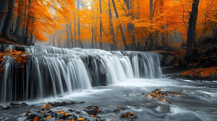 A waterfall in the middle of the forest autumn season