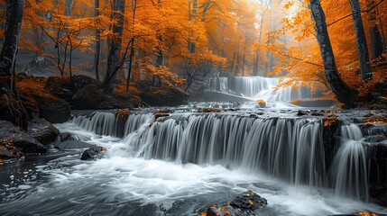 A waterfall in the middle of the forest surrounded by trees with orange leaves, autumn season, abundance of forest