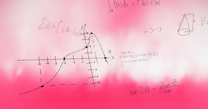 Animation of layers of mathematical formulae and equations over pink and white smoke
