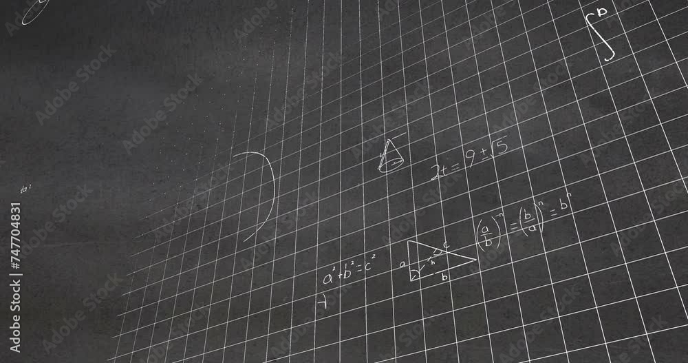Poster animation of layers of mathematical formulae and equations on grids over grey chalkboard