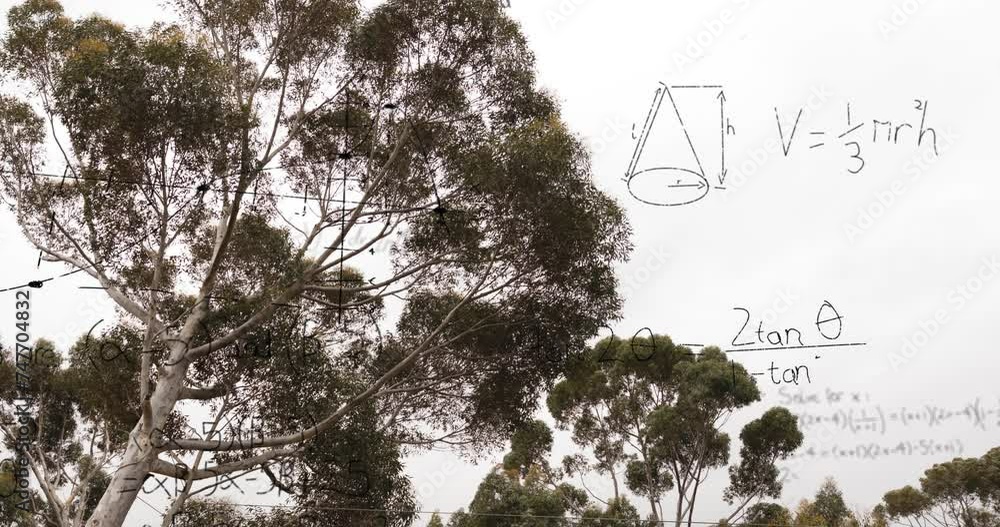 Poster animation of layers of mathematical formulae and equations over trees and sky