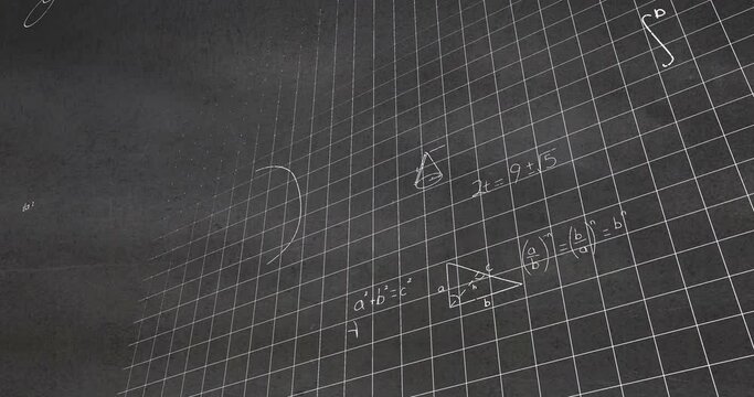 Animation of layers of mathematical formulae and equations on grids over grey chalkboard