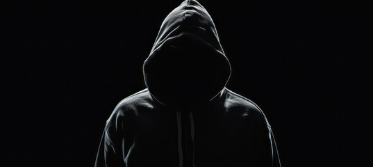 A silhouette of a person in a hoodie is presented against a dark background, showcasing boldly black and white aesthetics and social and political commentary. - obrazy, fototapety, plakaty