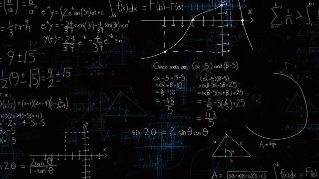 Animation of mathematical formulae and equations over blue lights on black background