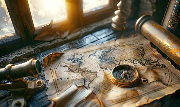 Old compasses, telescopes, and antique maps evoke the romance and danger of the age of sail