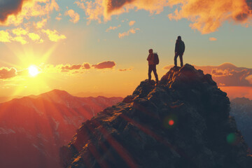 Two people are seen on top of a mountain in a success timelapse, showcasing realistic and hyper-detailed ings, bold gestures, and colors of orange and bronze. - obrazy, fototapety, plakaty