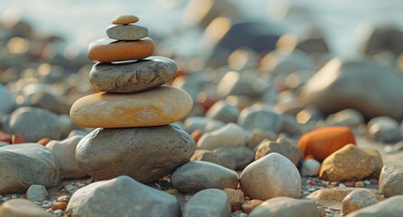pebbles are seen stacking vertically on top of each other, showcasing surrealistic elements, minimalist images, and warm color palettes. - obrazy, fototapety, plakaty