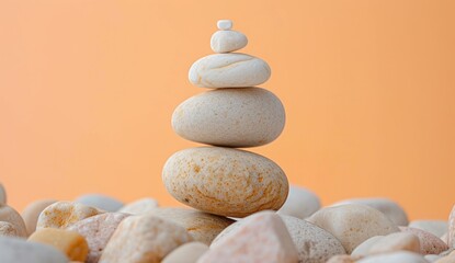 A small pile of rocks, with a white stone balancing on top of them, is presented, showcasing soft gradients, spiritual meditations, organic form, faded palates