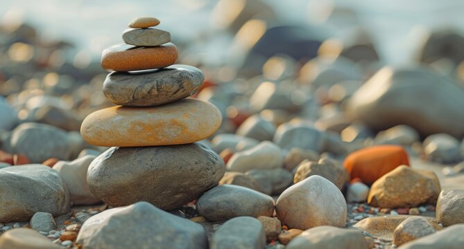 pebbles are seen stacking vertically on top of each other, showcasing surrealistic elements, minimalist images, and warm color palettes.