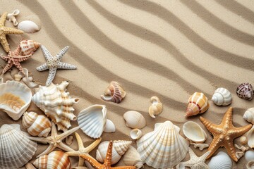 Sand, sea shells, and other sea life are presented on a beach background, showcasing minimalist...