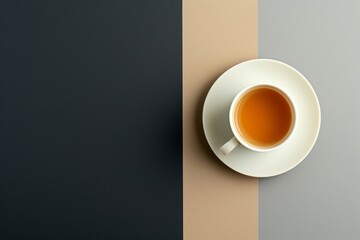 A top view of a coffee cup is presented on a dark and light grey background, showcasing color field minimalism, minimalist collages, and colors of dark black and beige.