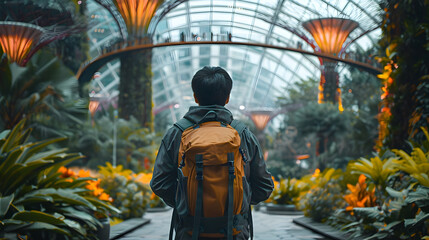 Man with Backpack Exploring Gardens by the Bay in Singapore