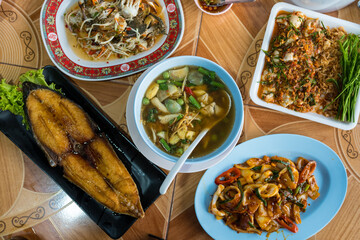 Thai style seafood on the table for dinner. Top view