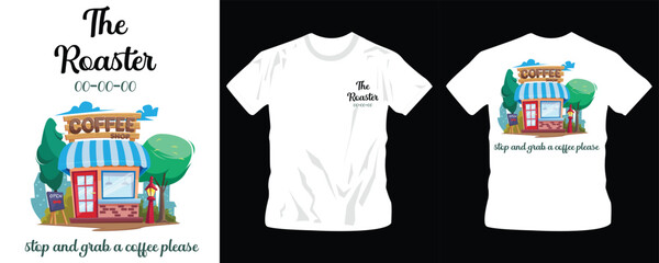 roasters coffee graphic t-shirt design with mug at the back
