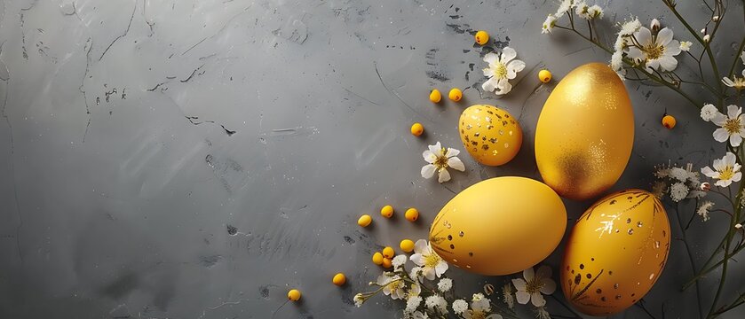 "Minimal Creative Easter Layout - Gold Colored Easter Eggs with Flowers on Grey Background in Stock Image"