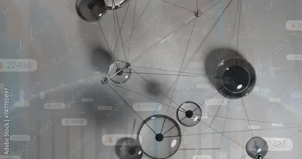 Poster animation of network of connections and data processing over grey background