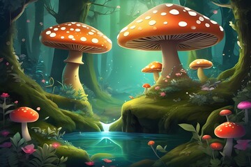 Enchanted forest with lighted mushrooms