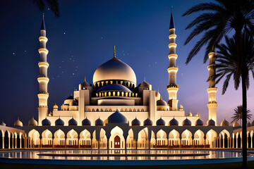 Fototapeta na wymiar Design a Mosque with Magical Towers. Mosque at Night