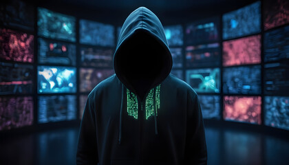 a mysterious figure in a hoodie stands in front of screens. you can't see their face, but the screens are lit with colors, symbolizing the cybersecurity battle - obrazy, fototapety, plakaty