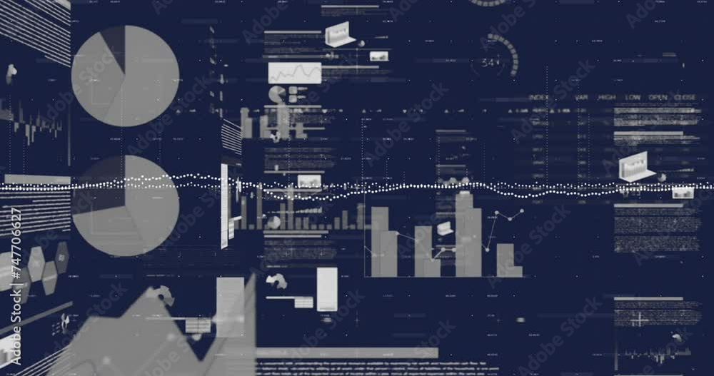 Aufkleber animation of charts, graphs and processing data on black background