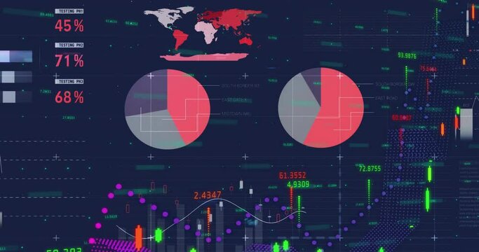 Animation of colourful charts and graphs processing data on black background