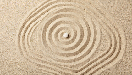 Fototapeta na wymiar Zen rock garden. Circle patterns on beige sand, top view; space for text