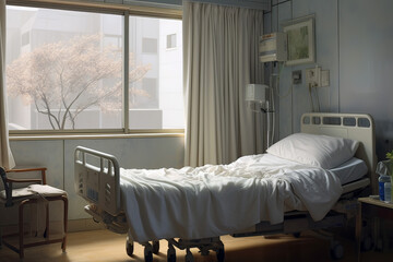 入院病棟の個室、寂しいベッド、Private room, hospital room. hospitalization. There are no people. white sheets and curtains.Generative AI