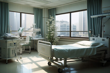 入院病棟の個室、高額ベッド　Private room, hospital room. hospitalization. There are no people. white sheets and curtains.Generative AI