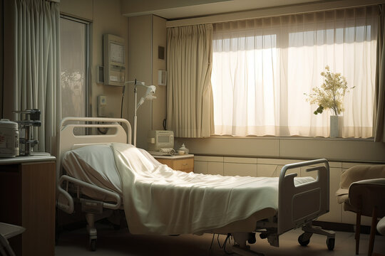 入院病棟の個室、人物なし Private room, hospital room. hospitalization. There are no people. white sheets and curtains.Generative AI