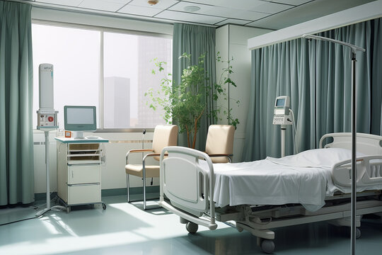 入院病棟の個室、Private room, hospital room. hospitalization. There are no people. white sheets and curtains.