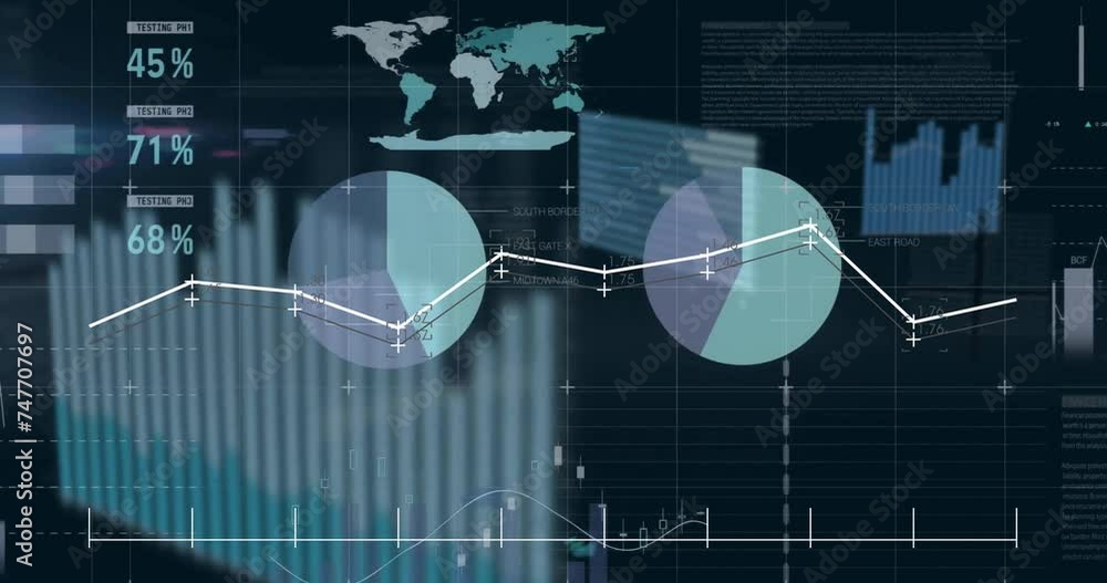 Aufkleber animation of grey graphs and charts processing data on black background