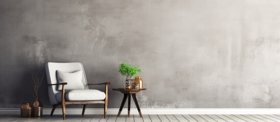 A wooden chair and table are placed in a bright vintage loft room. The wooden floor and aged grey plaster concrete walls add character to the space.