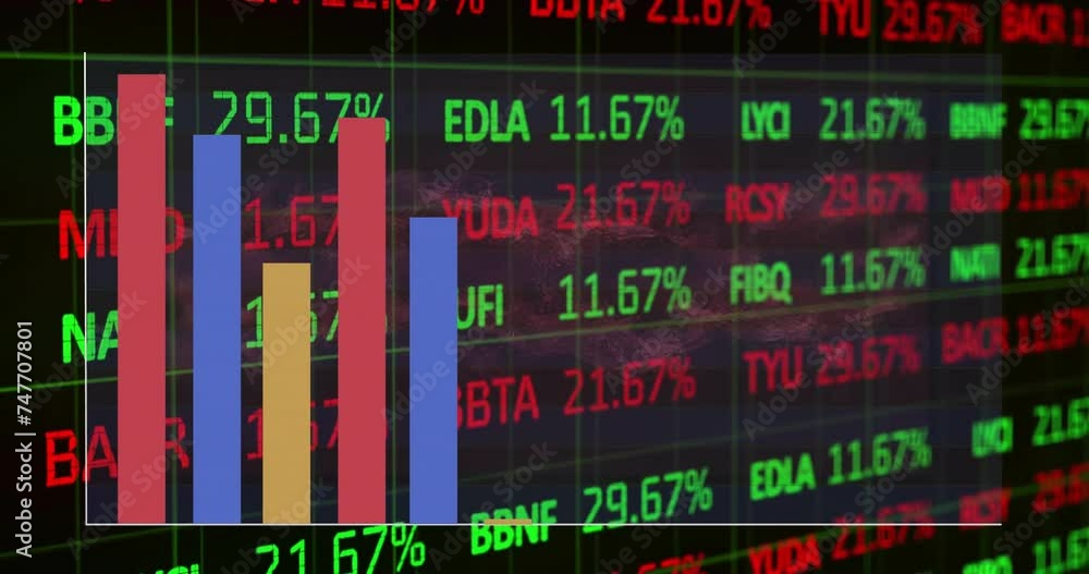 Poster animation of colourful graph over financial data processing on black background