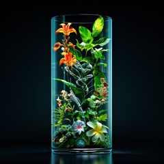 A laboratory where genetic engineering creates hybrid species, a blend of flora and fauna, on black background
