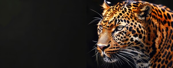 Leopard's gaze, close-up, wild essence captured in a moment, on black background