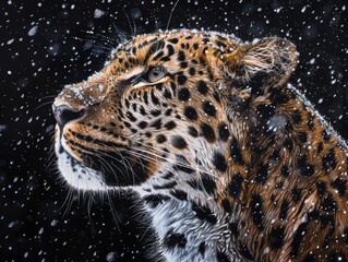 Leopard in a snowy landscape, contrast of nature's adaptability, on black background