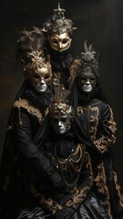 Secret society members wearing masks at a grand ball, opulent, mysterious, on black background