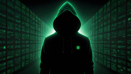 someone in a hoodie is in front of screens, and you can't see their face, the screens show different colors, like a fight between good and bad in cyber security - obrazy, fototapety, plakaty