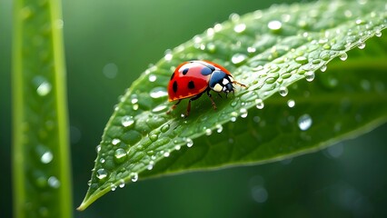 Fototapeta premium background of ladybug on leaf with water drops macro photography style AI Generated