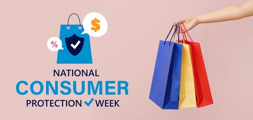 Banner for National Consumer Protection Week with surprised young women with hand holding shopping bags - obrazy, fototapety, plakaty