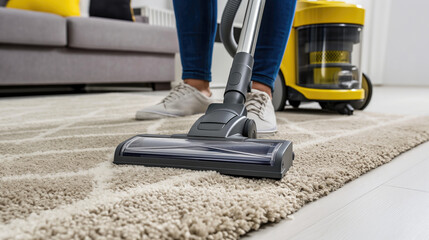 Effective Cleaning, Person Efficiently Cleaning a Carpet With Vacuum Cleaner, Generative AI - obrazy, fototapety, plakaty