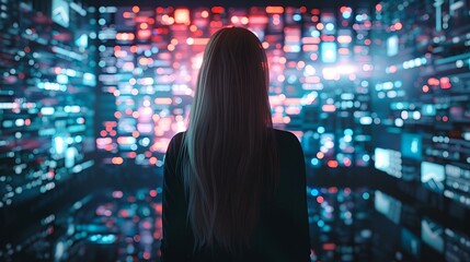 Back view of a caucasian woman entering 3D cyberspace. Animated social media interfaces, and internet content. A female enthusiast visualizes internet content.