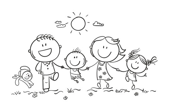 Father, mother with two children having fun running outdoors, vector drawing