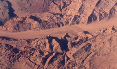 Aerial view of the mountains and sandy plateau of Egypt, the Sinai Peninsula. Aerial photography.