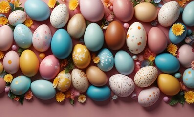 Fototapeta na wymiar Colorful decoration easter eggs and flowers. Happy Easter holiday background