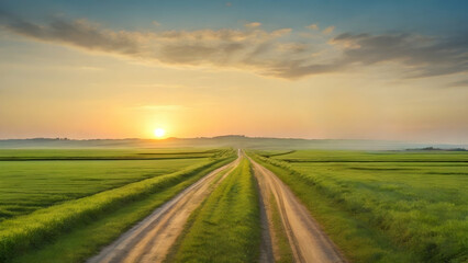 Fototapeta na wymiar Beautiful scenery of straight country road and green farmland natural scenery at sunrise.