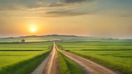 Obraz premium Scenery of straight country road and green farmland natural scenery at sunrise.