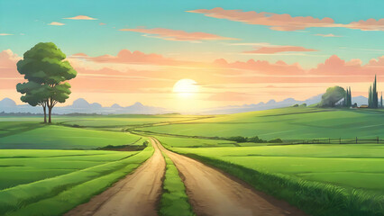 Scenery of straight country road and green farmland natural scenery at sunrise. Cartoon or anime illustration style.