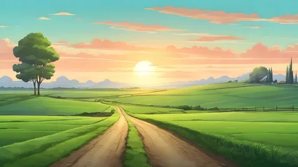 Gordijnen Scenery of straight country road and green farmland natural scenery at sunrise. Cartoon or anime illustration style. © EPDICAY